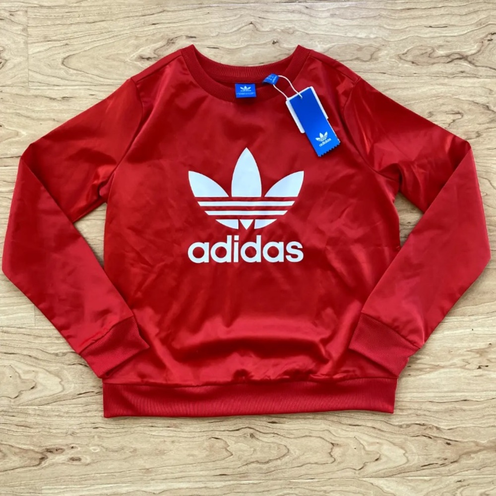 Adidas Women's Red Trefoil Satin Logo Long Sleeve Sweatshirt NWT Size S